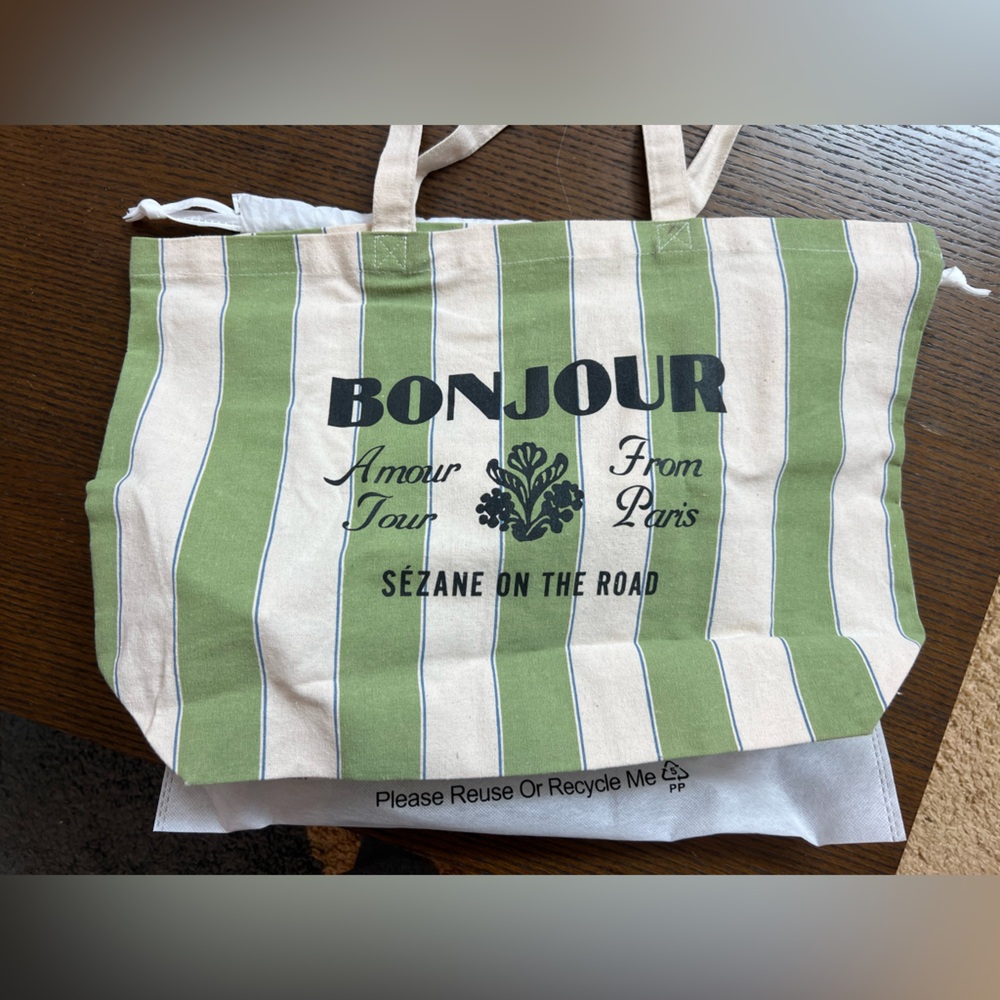 Sezane Green and Cream Striped Tote Bag